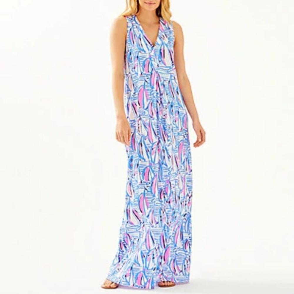 LILLY PULITZER Amina Maxi Dress In Blue Haven Pop Up Red Sz XXS NWOT